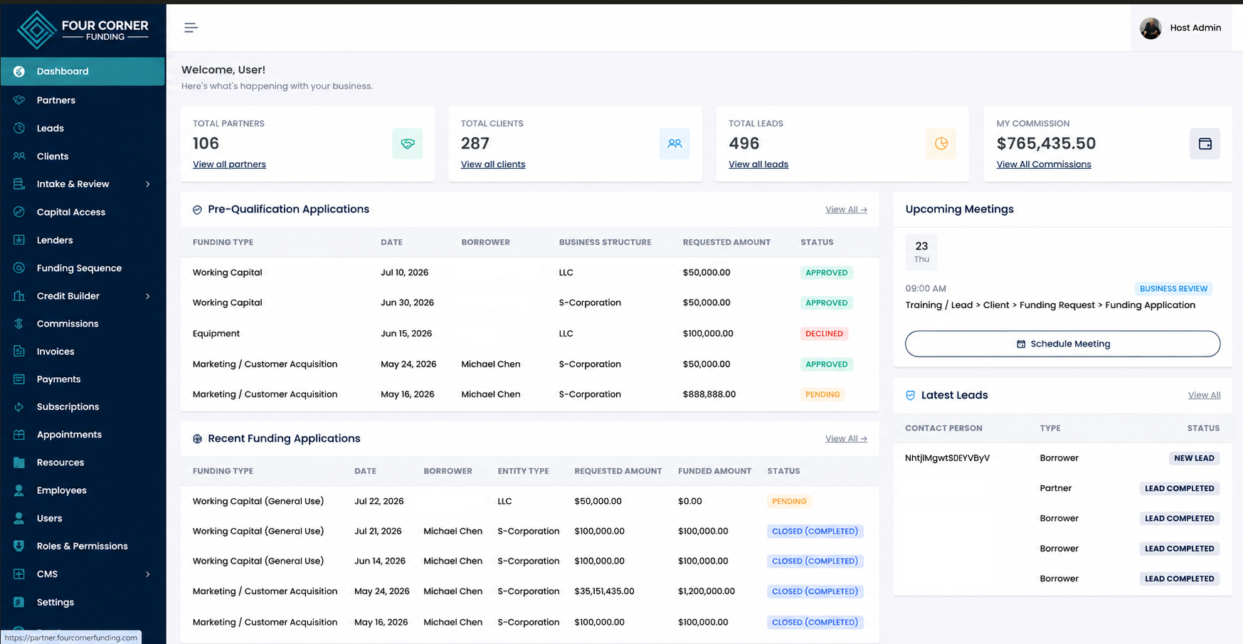 Four Corner Funding Partner Dashboard